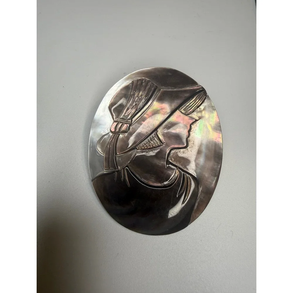 Carved Black Lip Mother of Pearl Shell Cameo Brooch Pendant Woman in Hat 2in